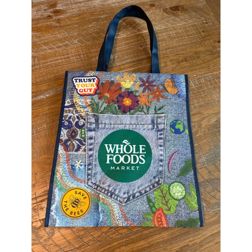 NEW Whole Foods Market Reusable Tote Bag Patchwork Denim Print Recycled Boho